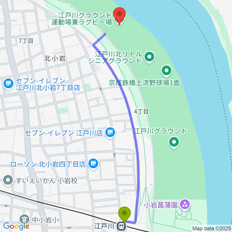 江戸川運動場兼ラグビー場の最寄駅江戸川駅からの徒歩ルート（約13分）地図