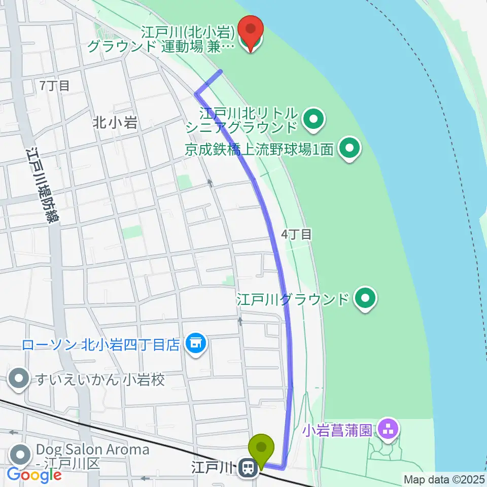 江戸川運動場兼ラグビー場の最寄駅江戸川駅からの徒歩ルート（約13分）地図