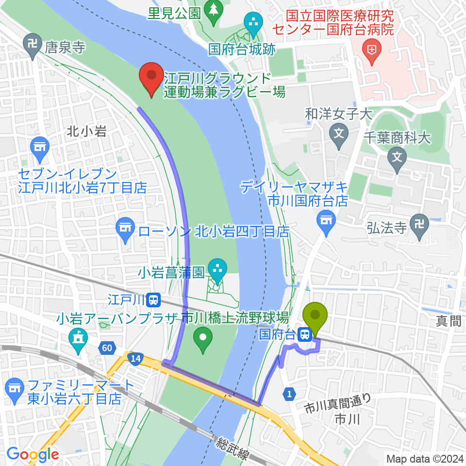 国府台駅から江戸川運動場兼ラグビー場へのルートマップ地図