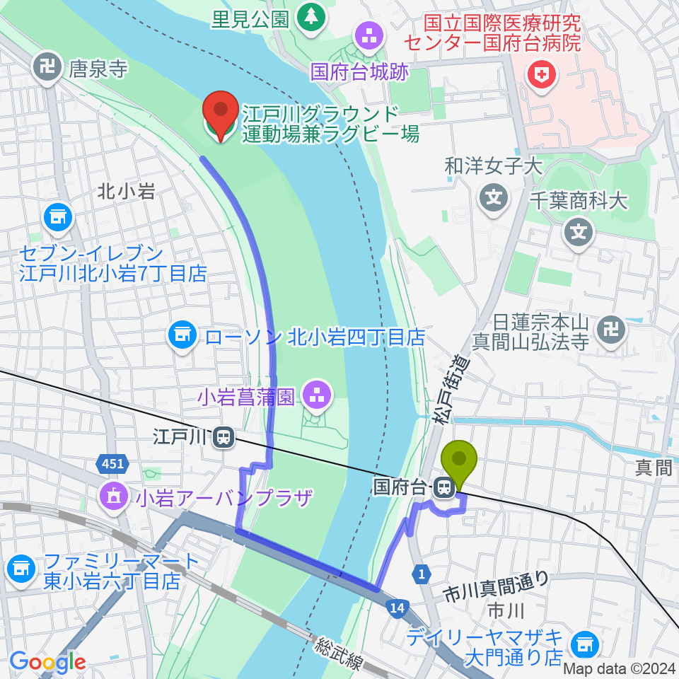 国府台駅から江戸川運動場兼ラグビー場へのルートマップ地図