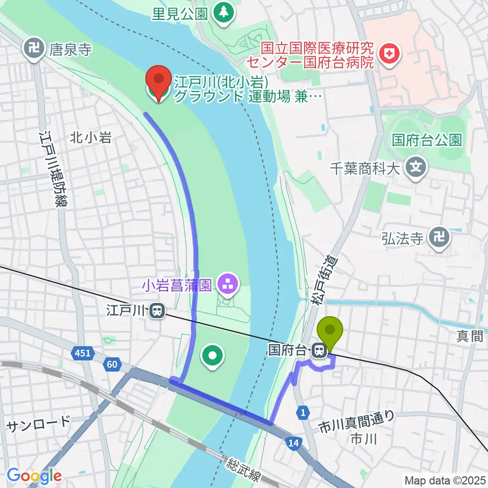 国府台駅から江戸川運動場兼ラグビー場へのルートマップ地図
