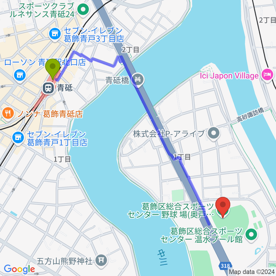 奥戸総合スポーツセンター野球場の最寄駅青砥駅からの徒歩ルート（約12分）地図