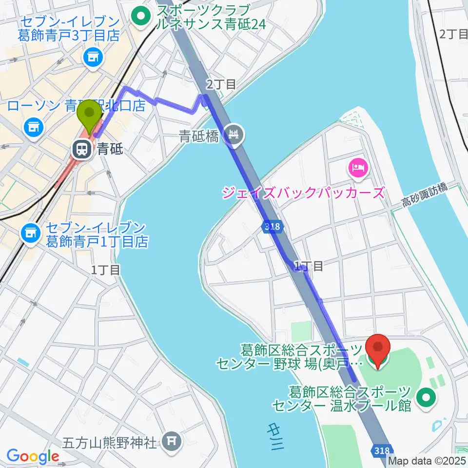 奥戸総合スポーツセンター野球場の最寄駅青砥駅からの徒歩ルート（約12分）地図