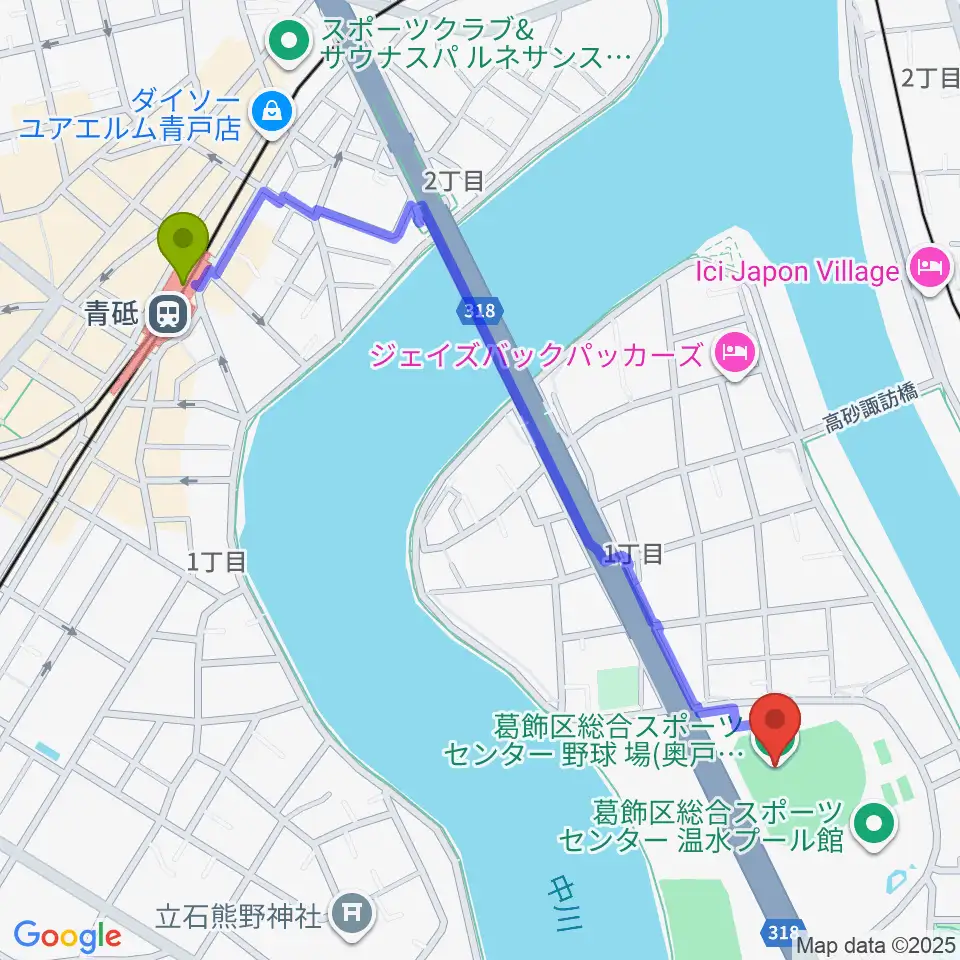 奥戸総合スポーツセンター野球場の最寄駅青砥駅からの徒歩ルート（約12分）地図