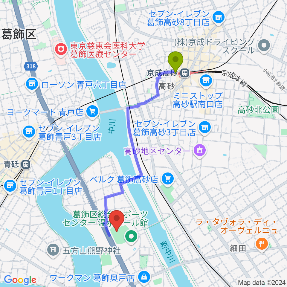 京成高砂駅から奥戸総合スポーツセンター野球場へのルートマップ地図