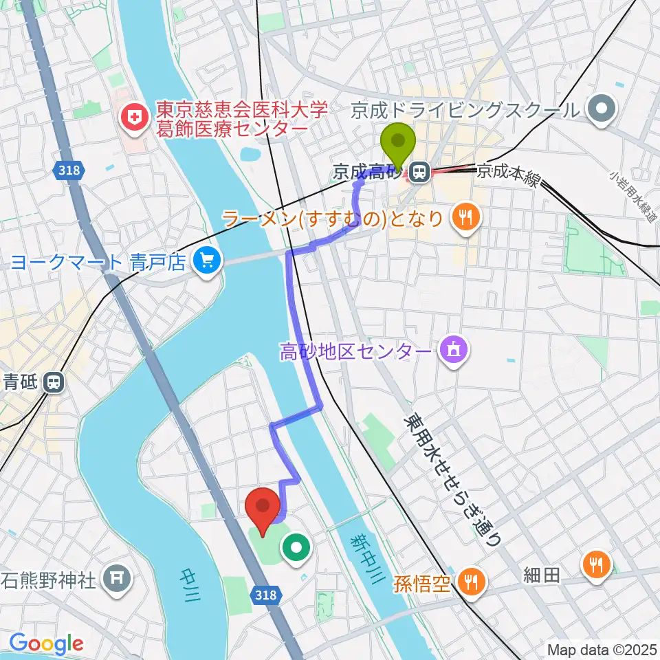 京成高砂駅から奥戸総合スポーツセンター野球場へのルートマップ地図