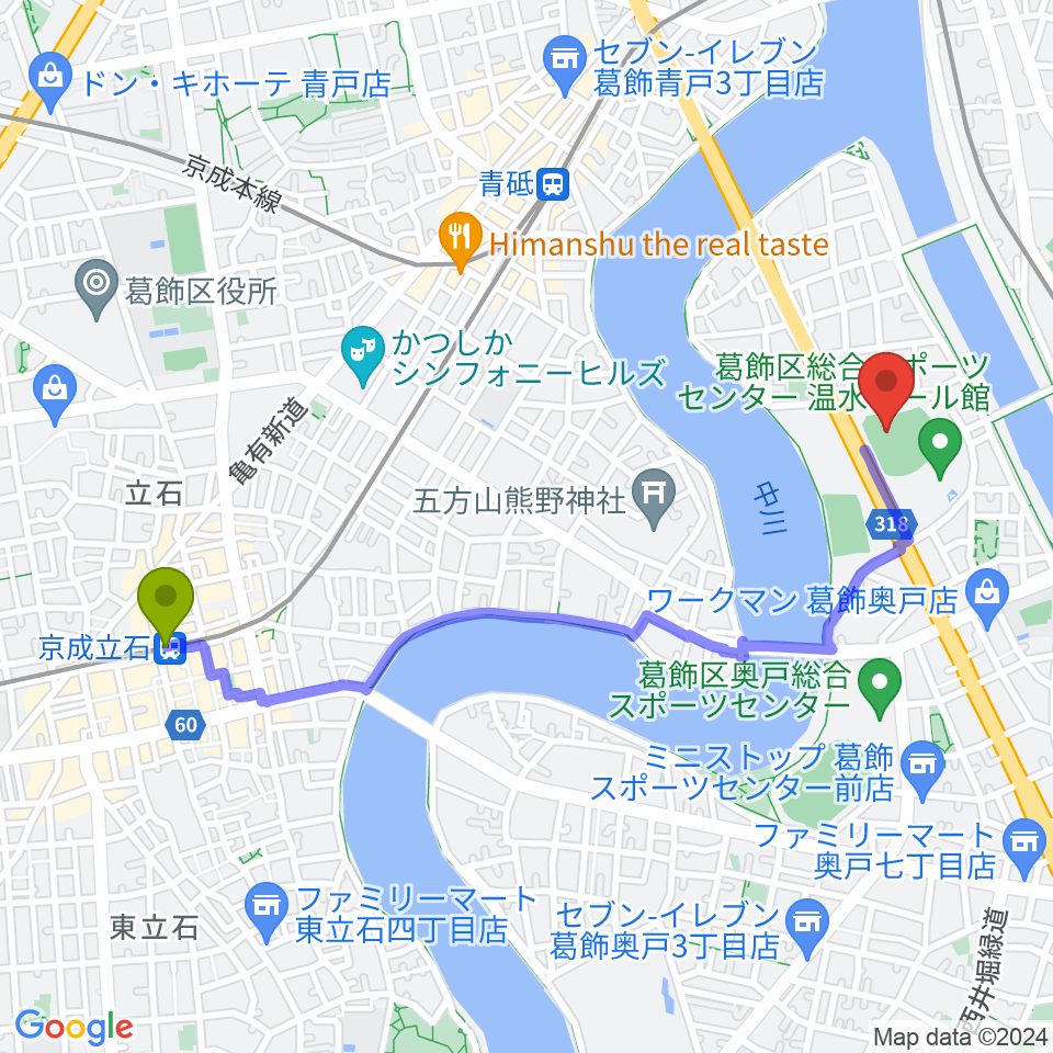 京成立石駅から奥戸総合スポーツセンター野球場へのルートマップ地図
