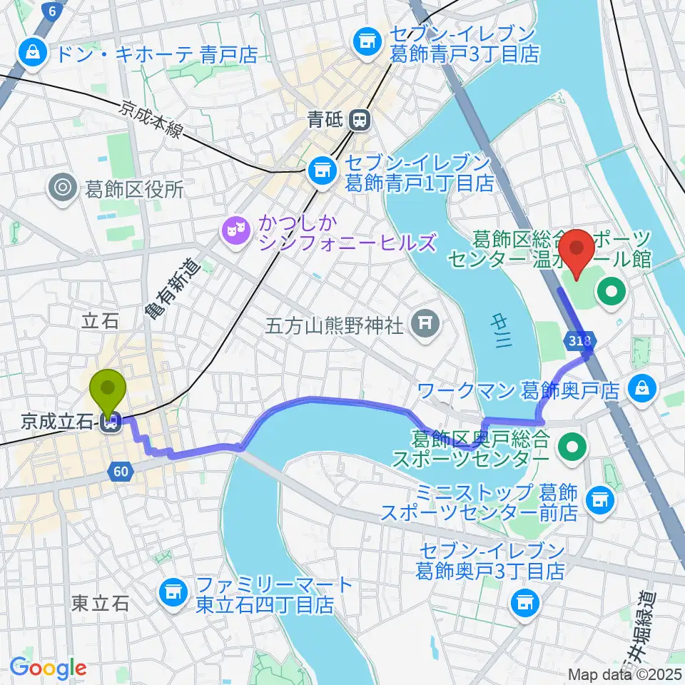 京成立石駅から奥戸総合スポーツセンター野球場へのルートマップ地図