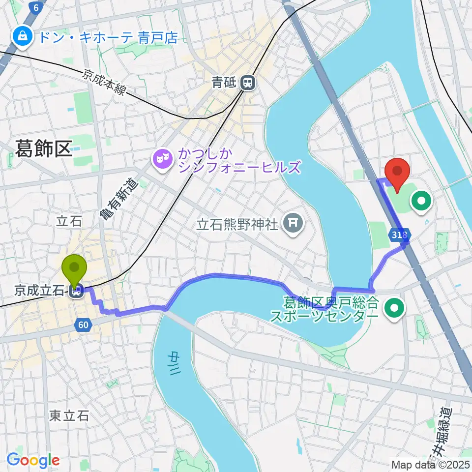 京成立石駅から奥戸総合スポーツセンター野球場へのルートマップ地図