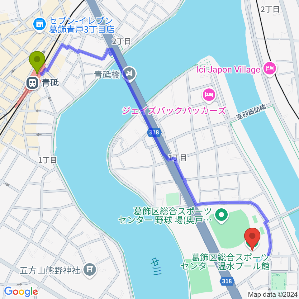 奥戸総合スポーツセンター温水プール館の最寄駅青砥駅からの徒歩ルート（約14分）地図
