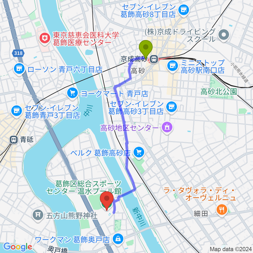 京成高砂駅から奥戸総合スポーツセンター温水プール館へのルートマップ地図