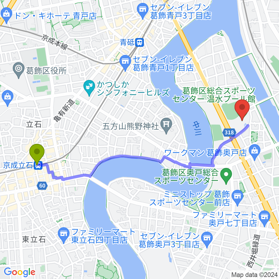京成立石駅から奥戸総合スポーツセンター温水プール館へのルートマップ地図