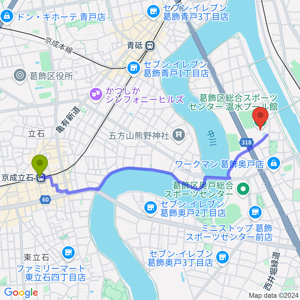 京成立石駅から奥戸総合スポーツセンター温水プール館へのルートマップ地図