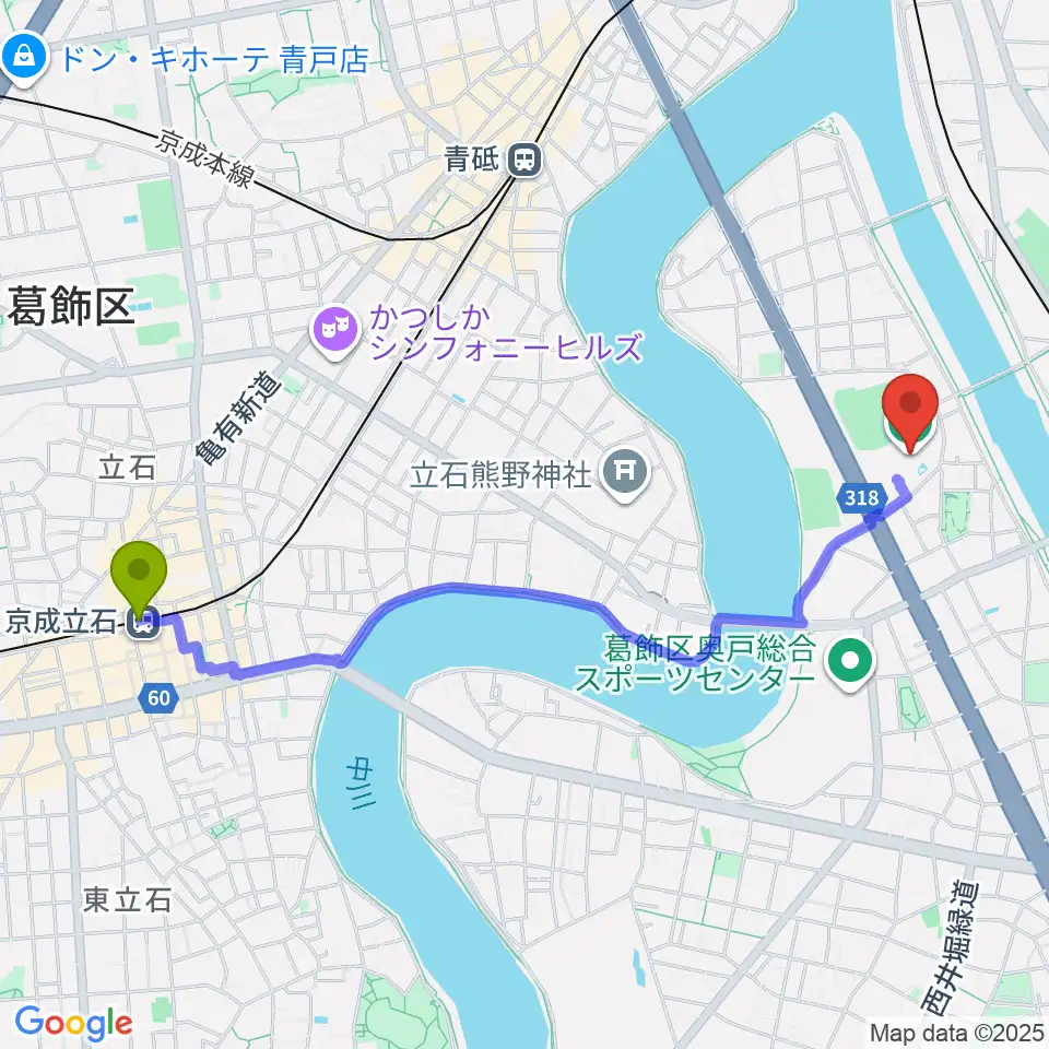 京成立石駅から奥戸総合スポーツセンター温水プール館へのルートマップ地図