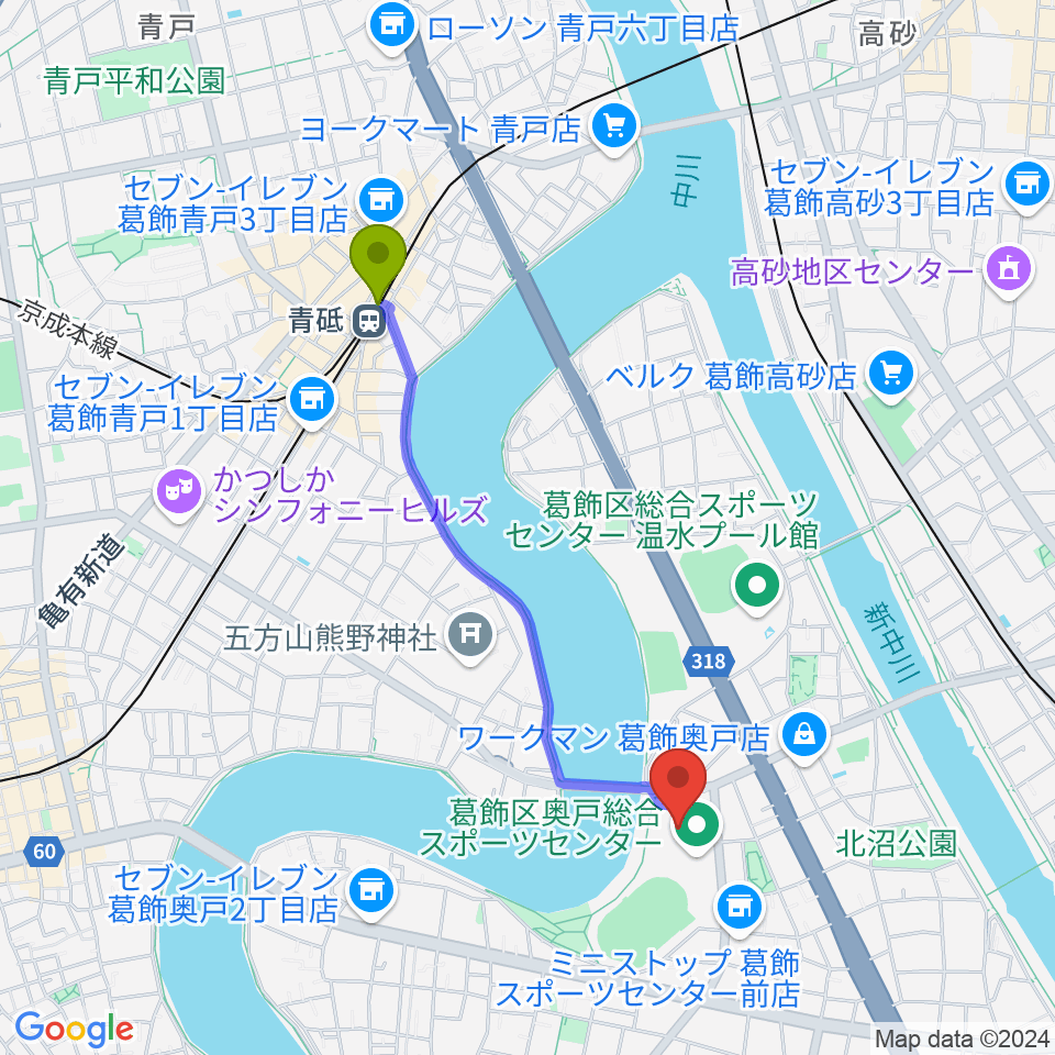 奥戸総合スポーツセンター体育館の最寄駅青砥駅からの徒歩ルート（約18分）地図