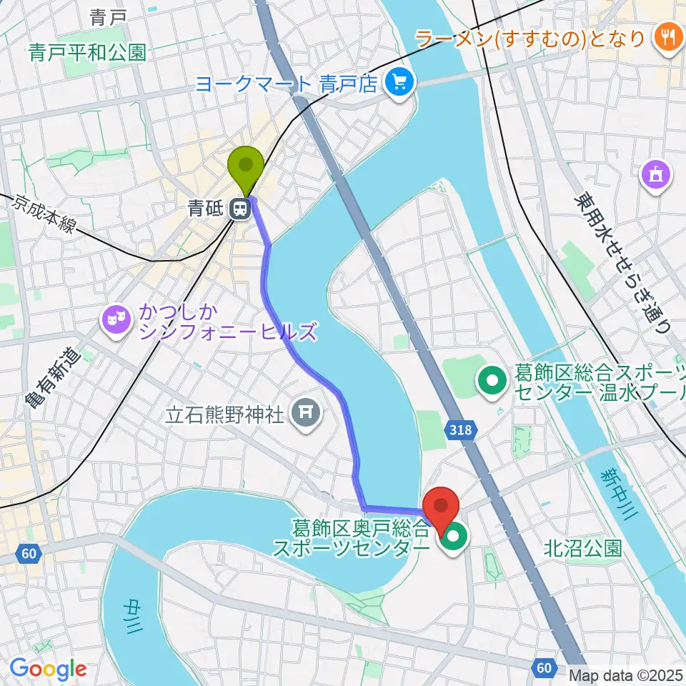 奥戸総合スポーツセンター体育館の最寄駅青砥駅からの徒歩ルート（約18分）地図