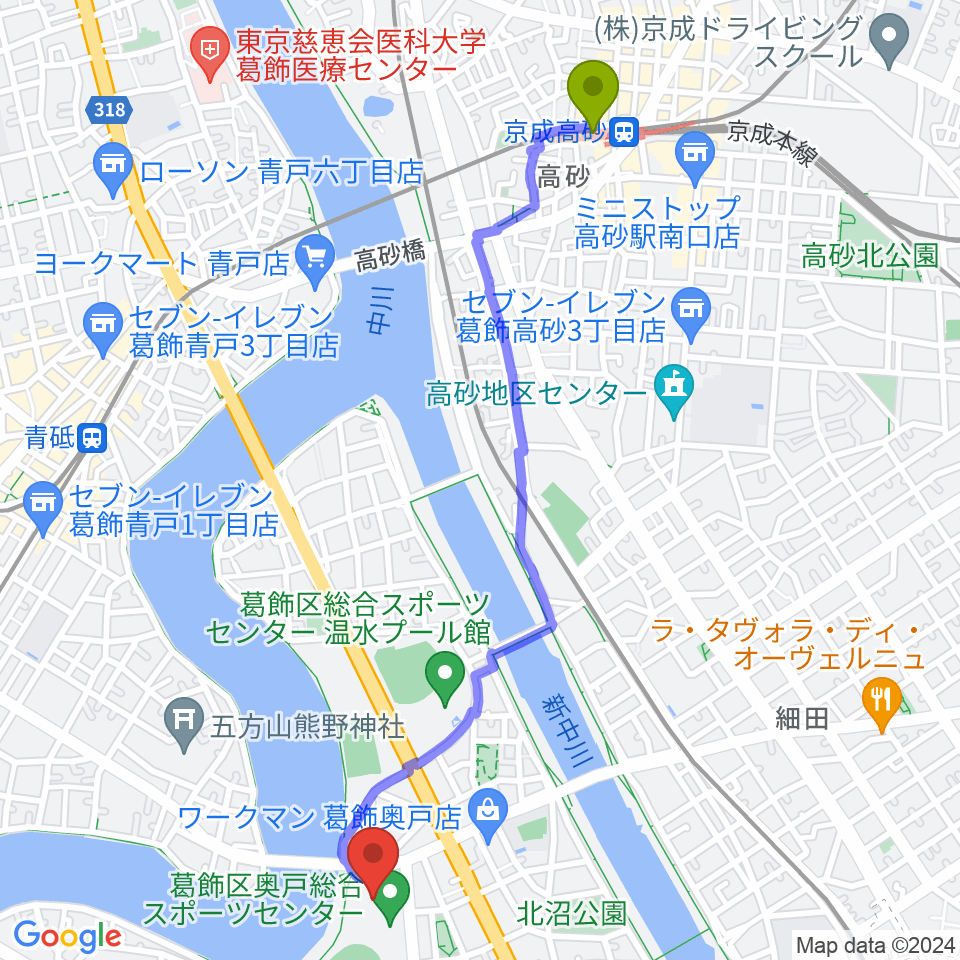 京成高砂駅から奥戸総合スポーツセンター体育館へのルートマップ地図