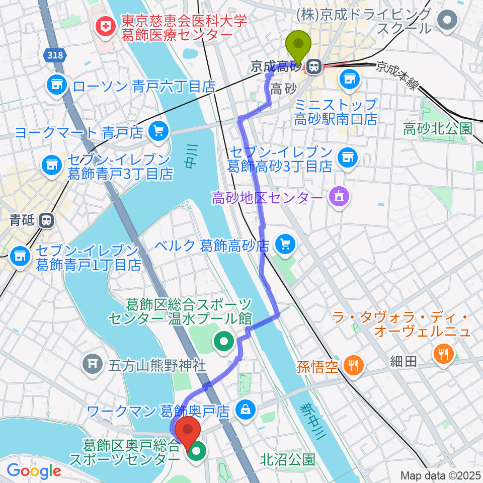 京成高砂駅から奥戸総合スポーツセンター体育館へのルートマップ地図