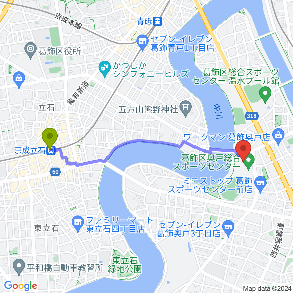 京成立石駅から奥戸総合スポーツセンター体育館へのルートマップ地図
