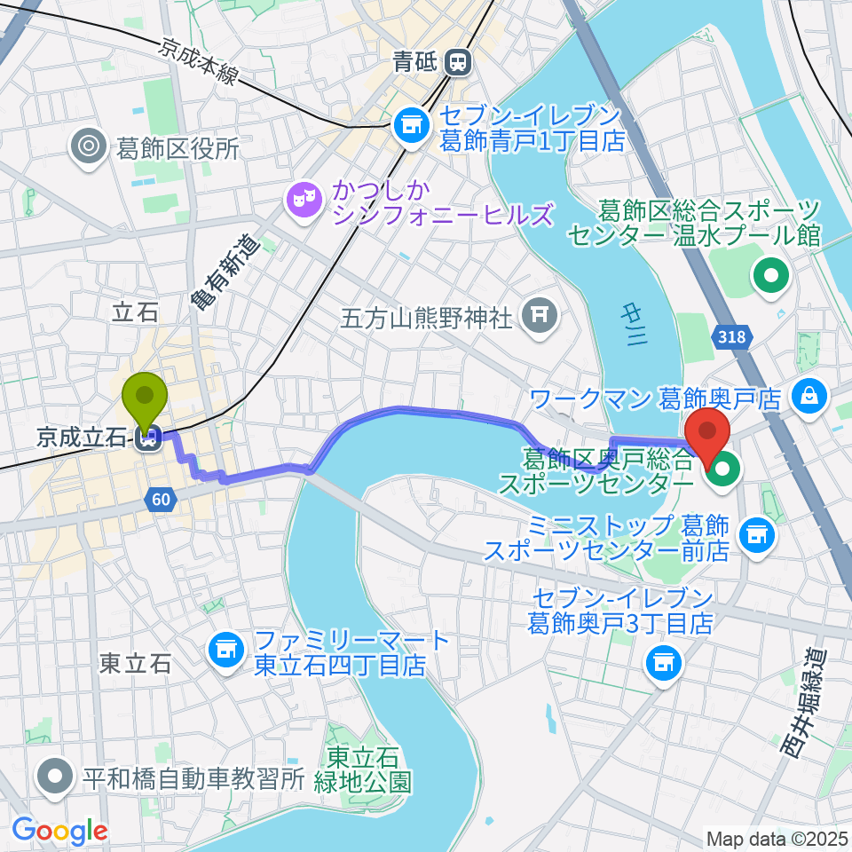 京成立石駅から奥戸総合スポーツセンター体育館へのルートマップ地図