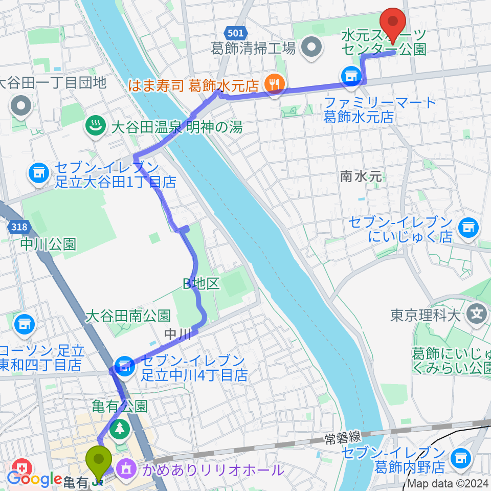 亀有駅から水元総合スポーツセンター多目的広場へのルートマップ地図