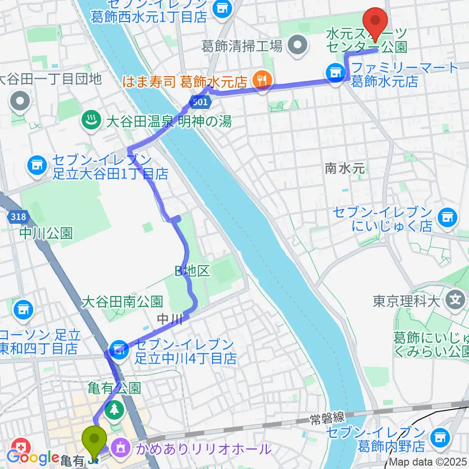 亀有駅から水元総合スポーツセンター多目的広場へのルートマップ地図