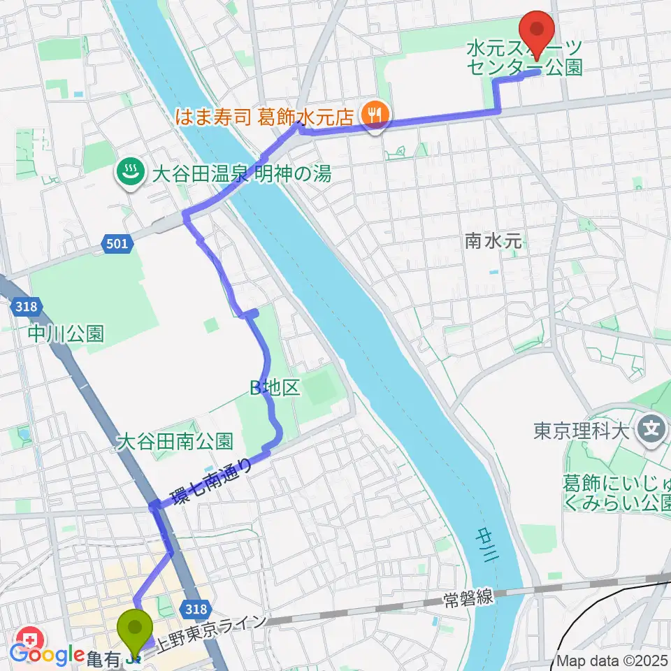 亀有駅から水元総合スポーツセンター多目的広場へのルートマップ地図