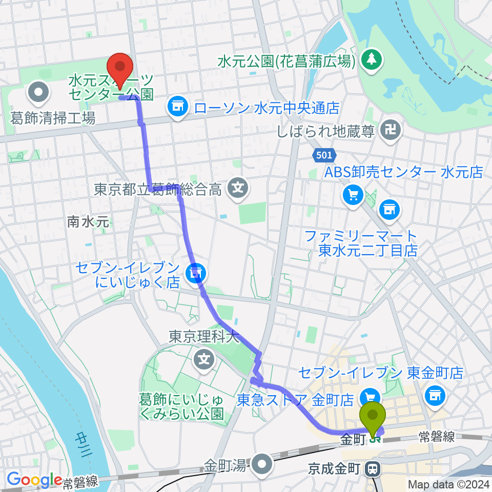 水元総合スポーツセンター多目的広場の最寄駅金町駅からの徒歩ルート（約27分）地図