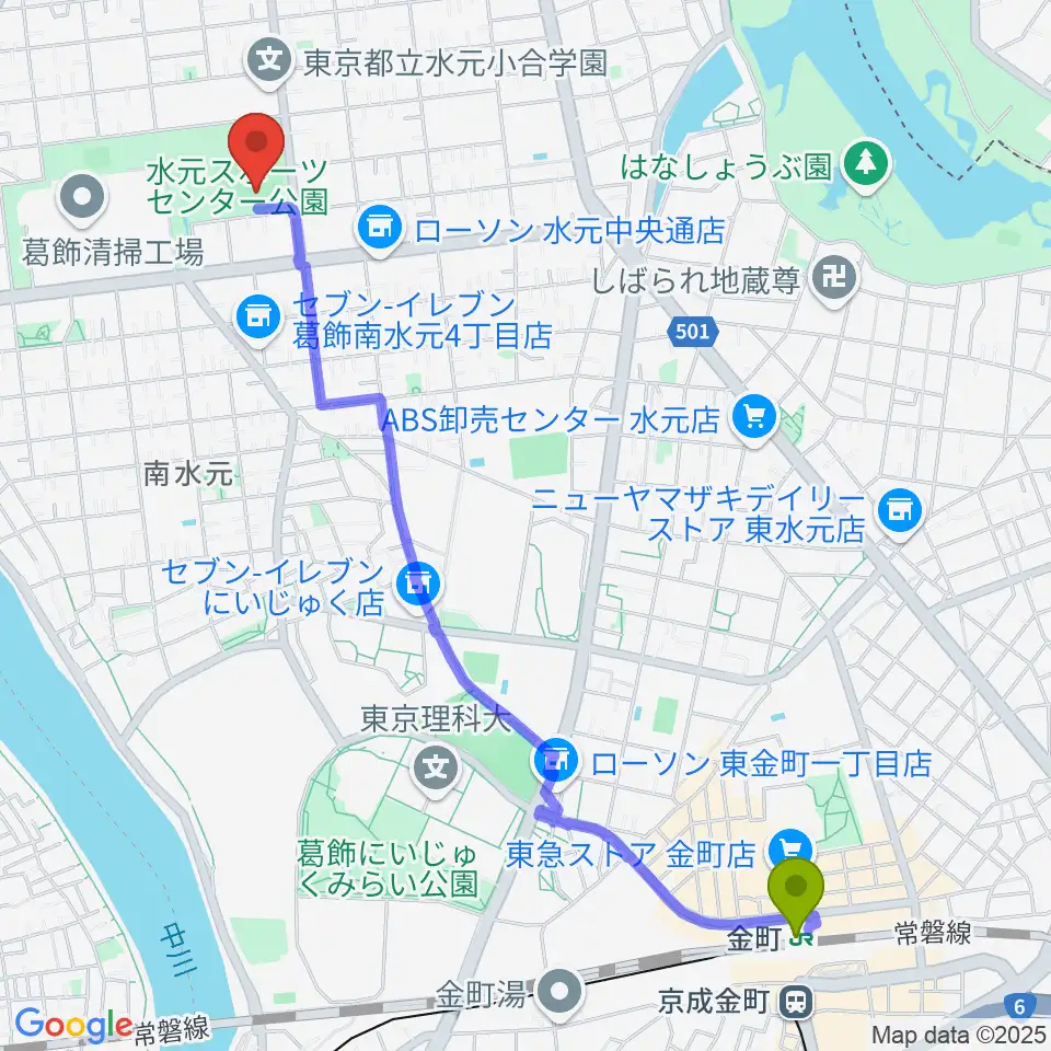 水元総合スポーツセンター多目的広場の最寄駅金町駅からの徒歩ルート（約27分）地図