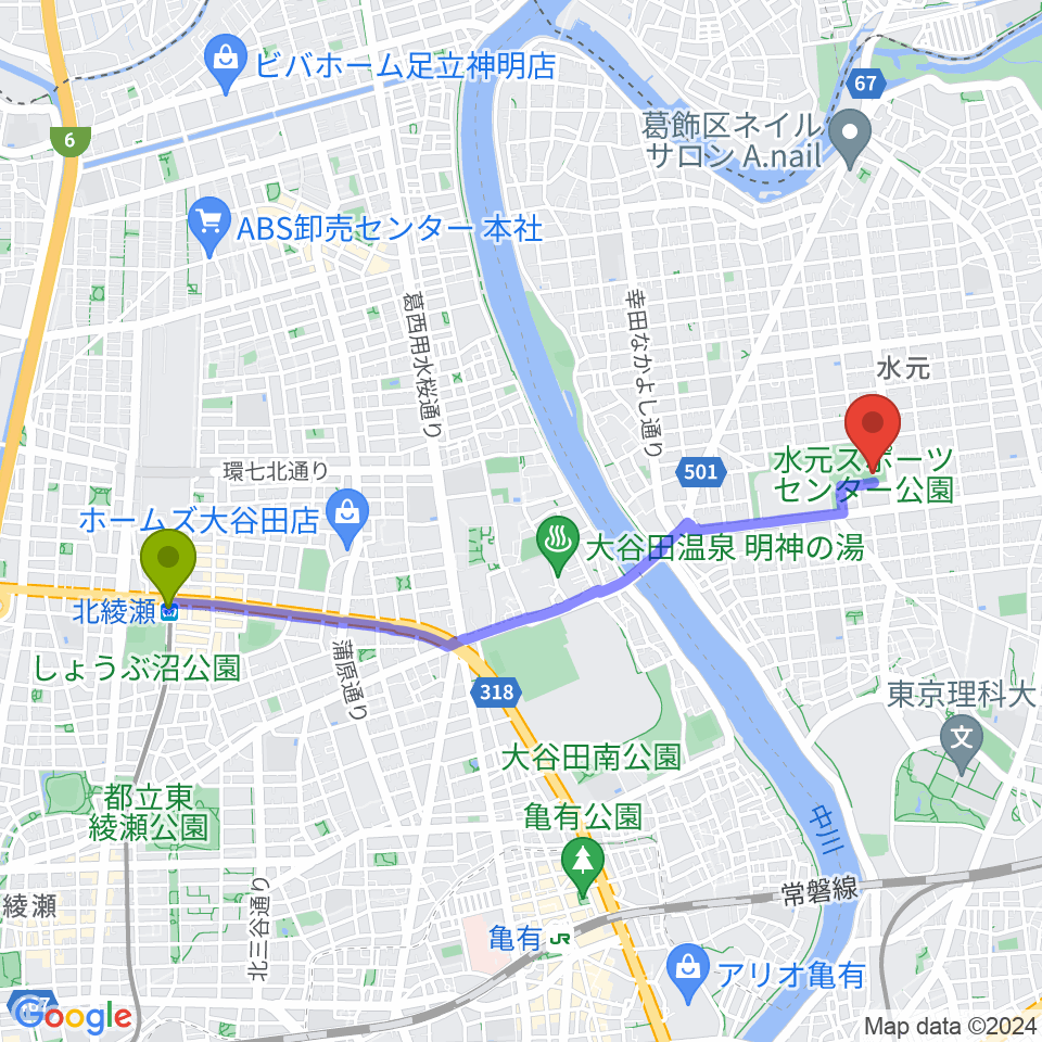 北綾瀬駅から水元総合スポーツセンター多目的広場へのルートマップ地図