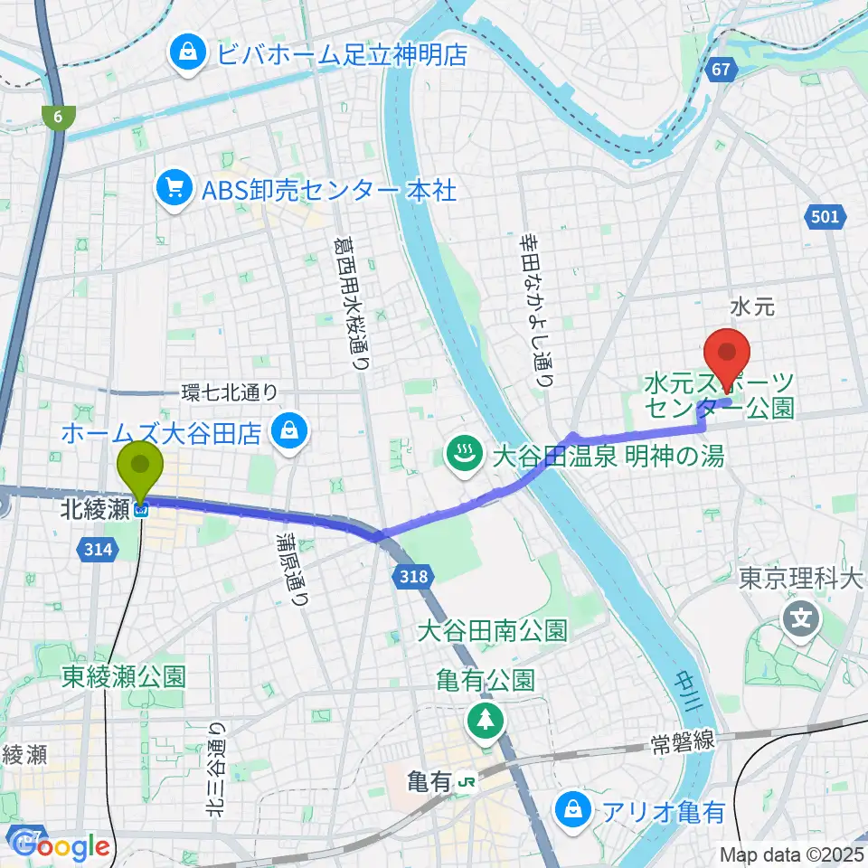 北綾瀬駅から水元総合スポーツセンター多目的広場へのルートマップ地図