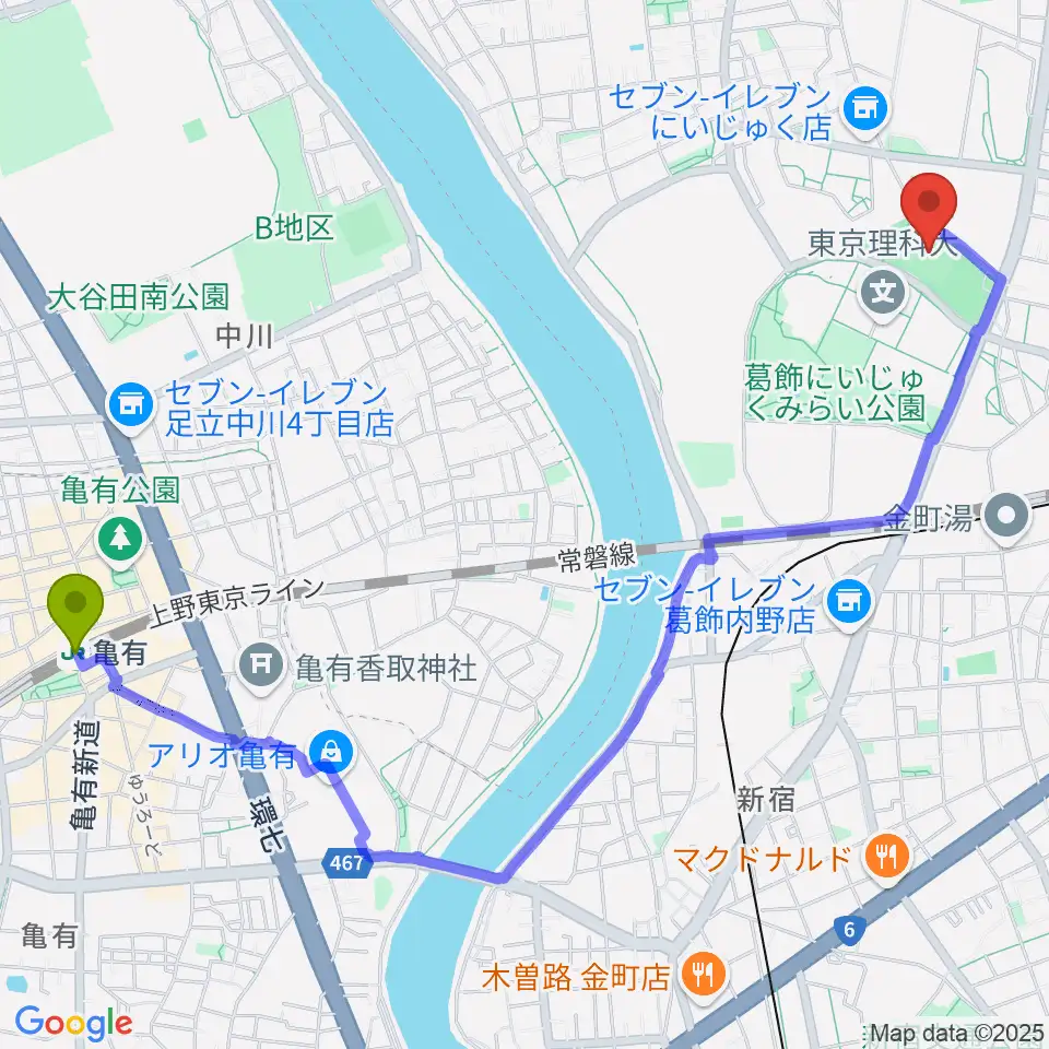 亀有駅から葛飾にいじゅくみらい公園運動場へのルートマップ地図