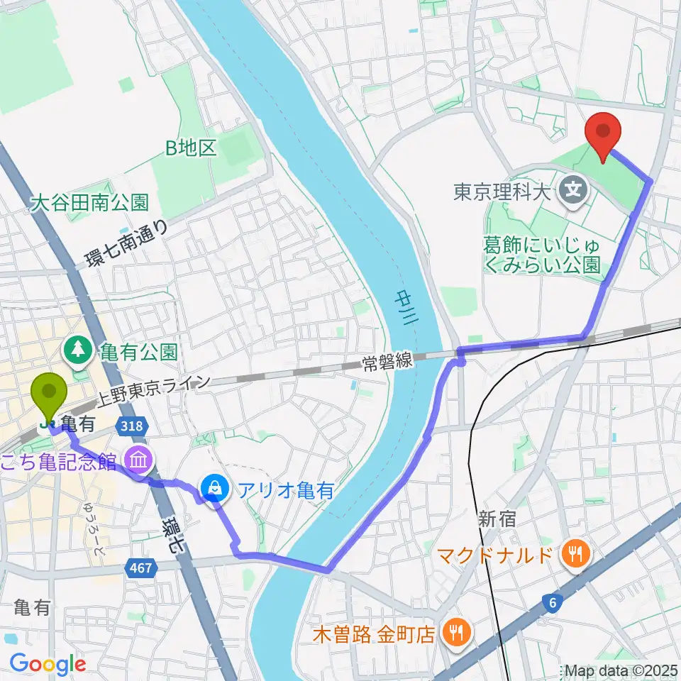 亀有駅から葛飾にいじゅくみらい公園運動場へのルートマップ地図