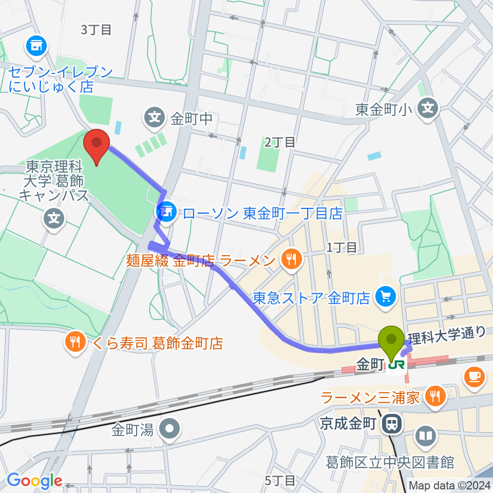 葛飾にいじゅくみらい公園運動場の最寄駅金町駅からの徒歩ルート（約11分）地図