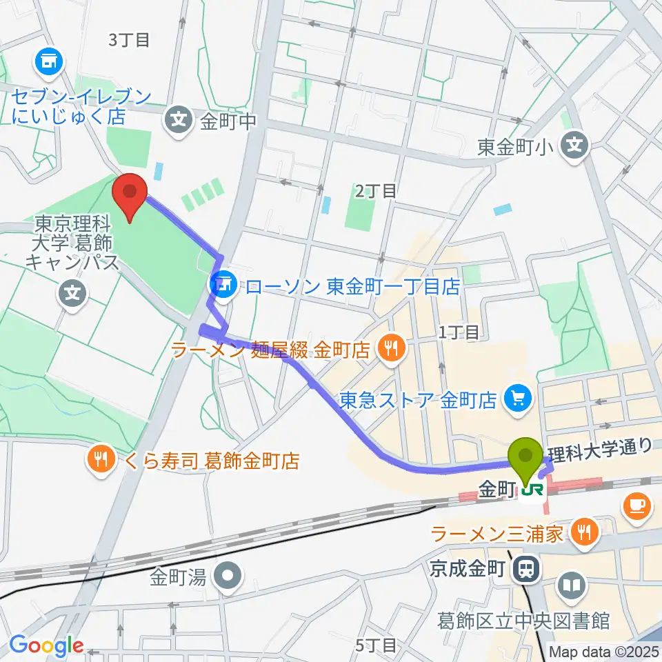 葛飾にいじゅくみらい公園運動場の最寄駅金町駅からの徒歩ルート（約11分）地図