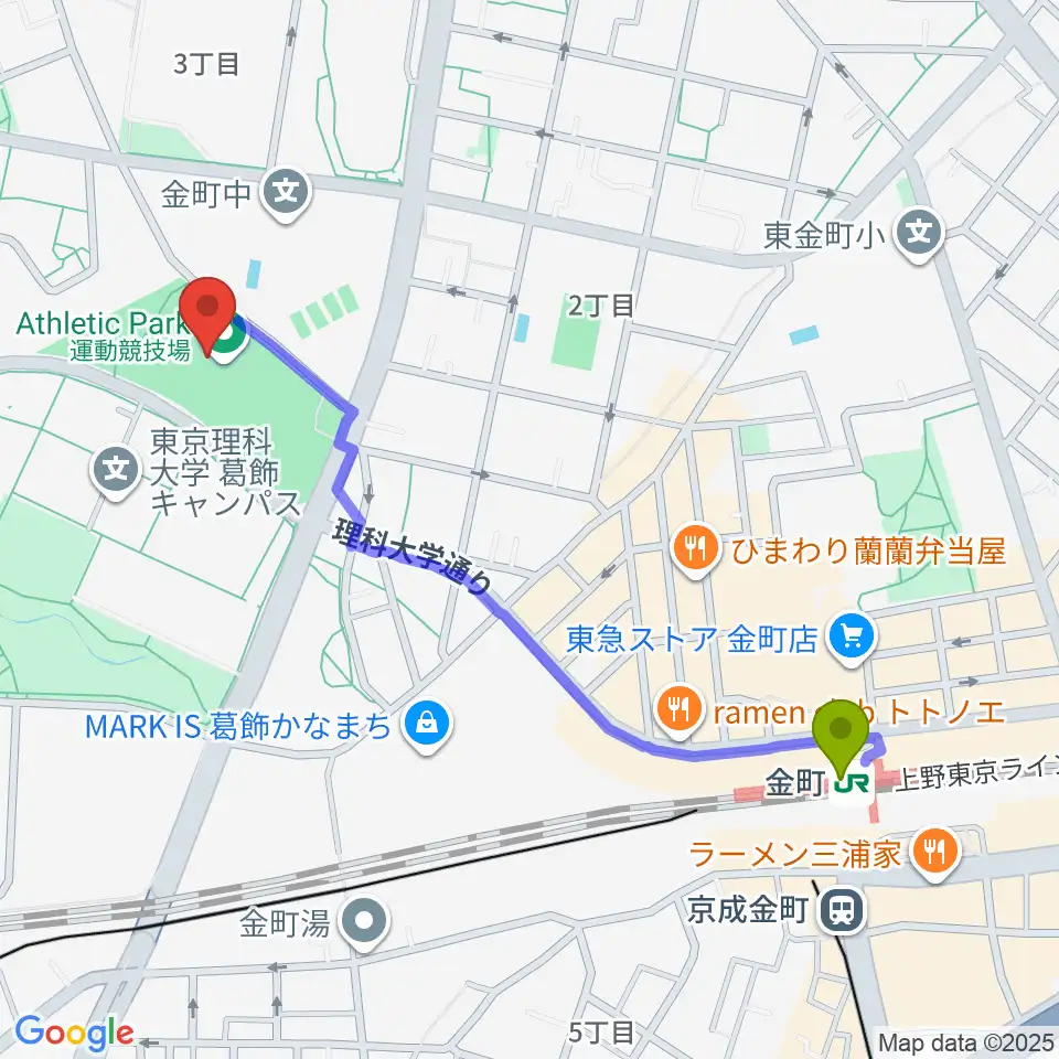 葛飾にいじゅくみらい公園運動場の最寄駅金町駅からの徒歩ルート（約11分）地図