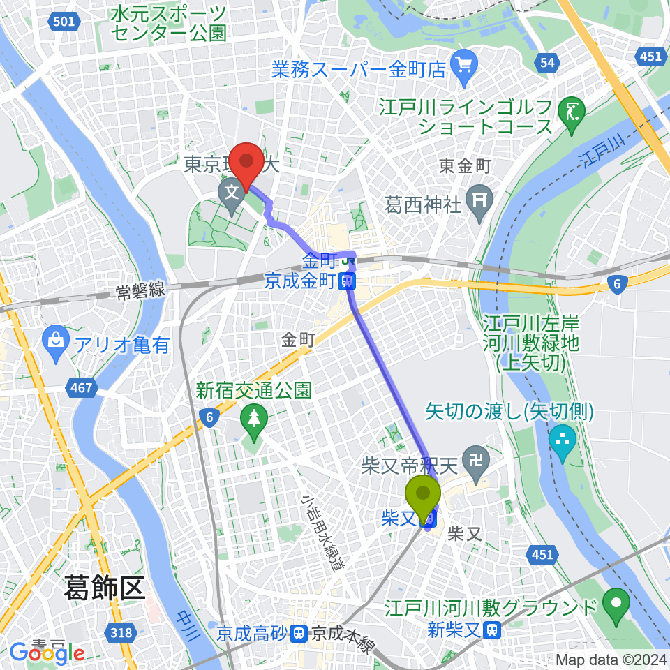柴又駅から葛飾にいじゅくみらい公園運動場へのルートマップ地図