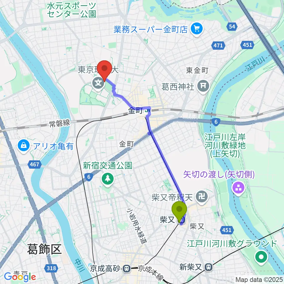 柴又駅から葛飾にいじゅくみらい公園運動場へのルートマップ地図