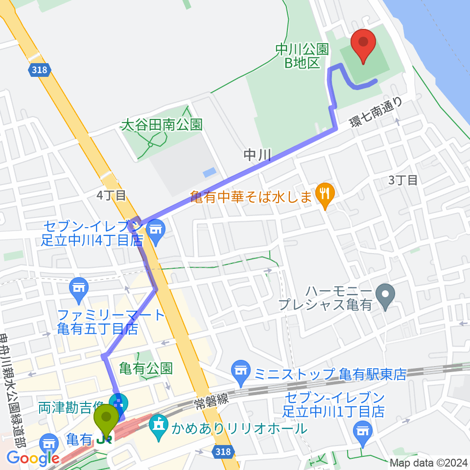 中川公園野球場の最寄駅亀有駅からの徒歩ルート（約15分）地図