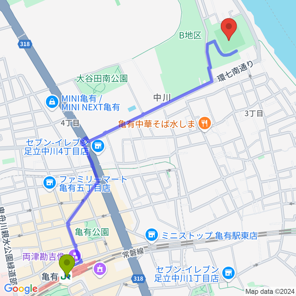 中川公園野球場の最寄駅亀有駅からの徒歩ルート（約15分）地図