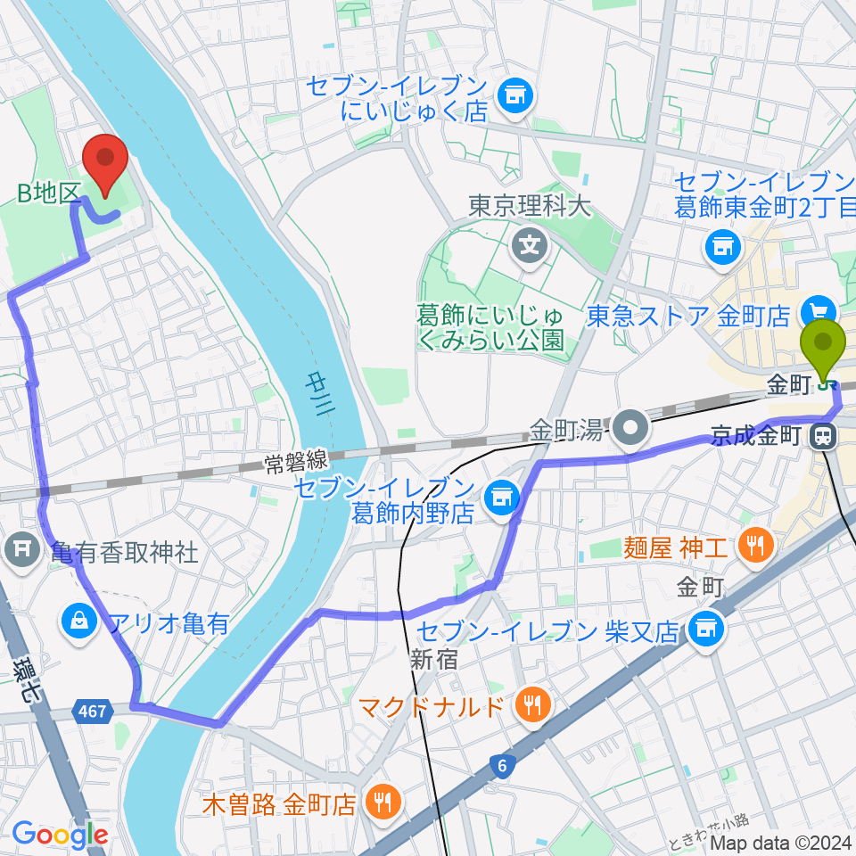 金町駅から中川公園野球場へのルートマップ地図