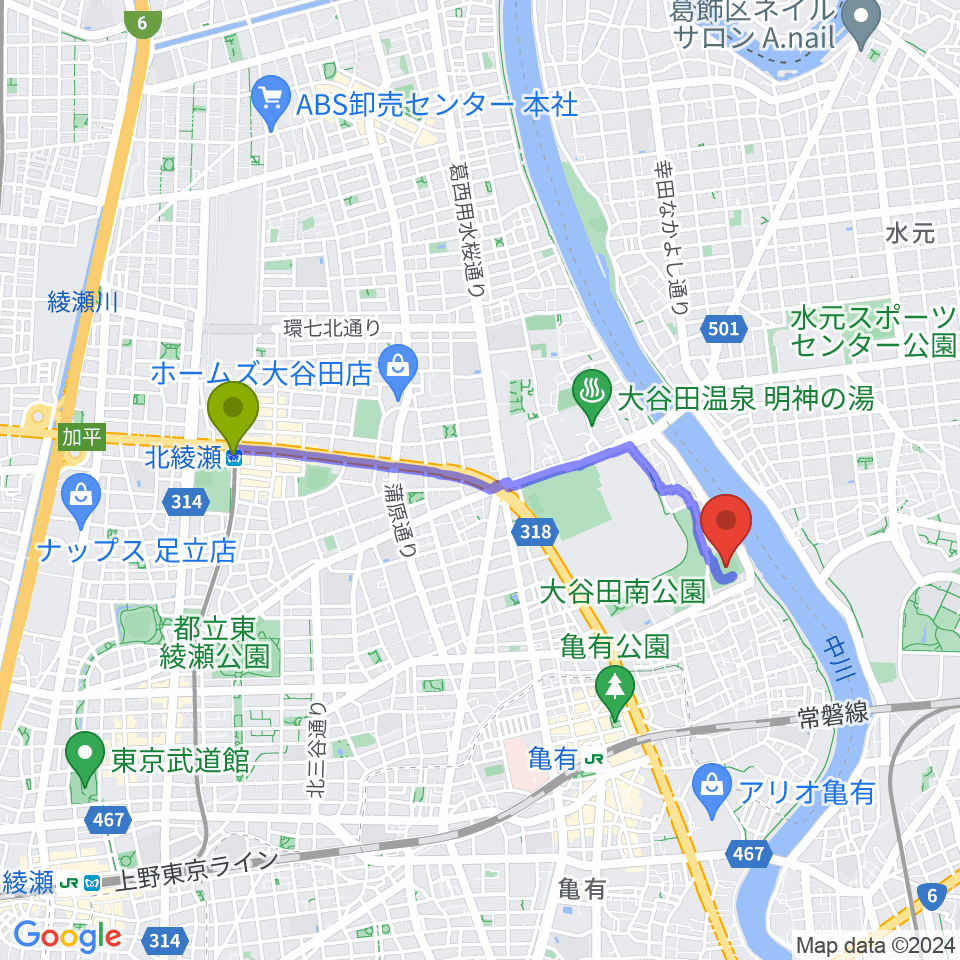 北綾瀬駅から中川公園野球場へのルートマップ地図