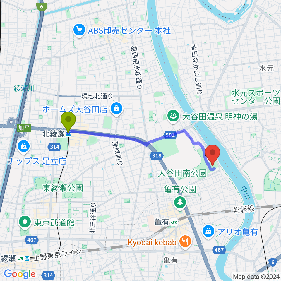 北綾瀬駅から中川公園野球場へのルートマップ地図