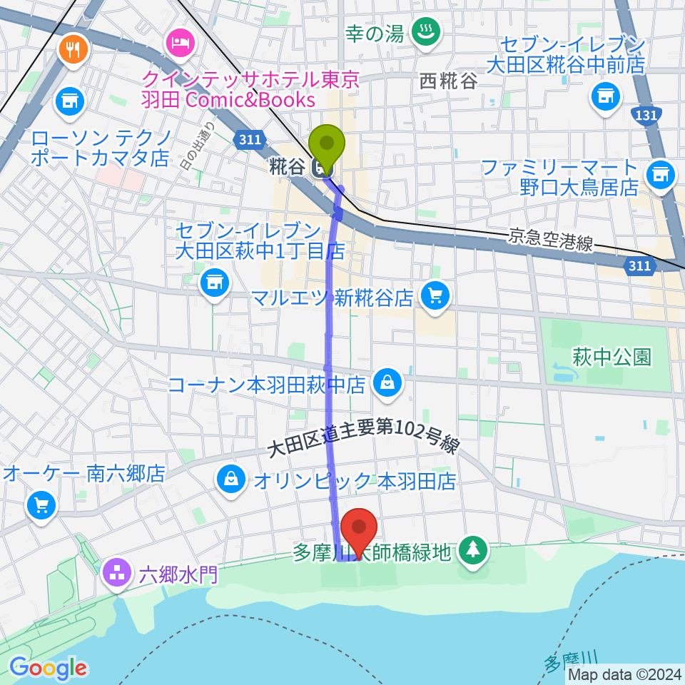 糀谷駅から多摩川大師橋緑地野球場へのルートマップ地図