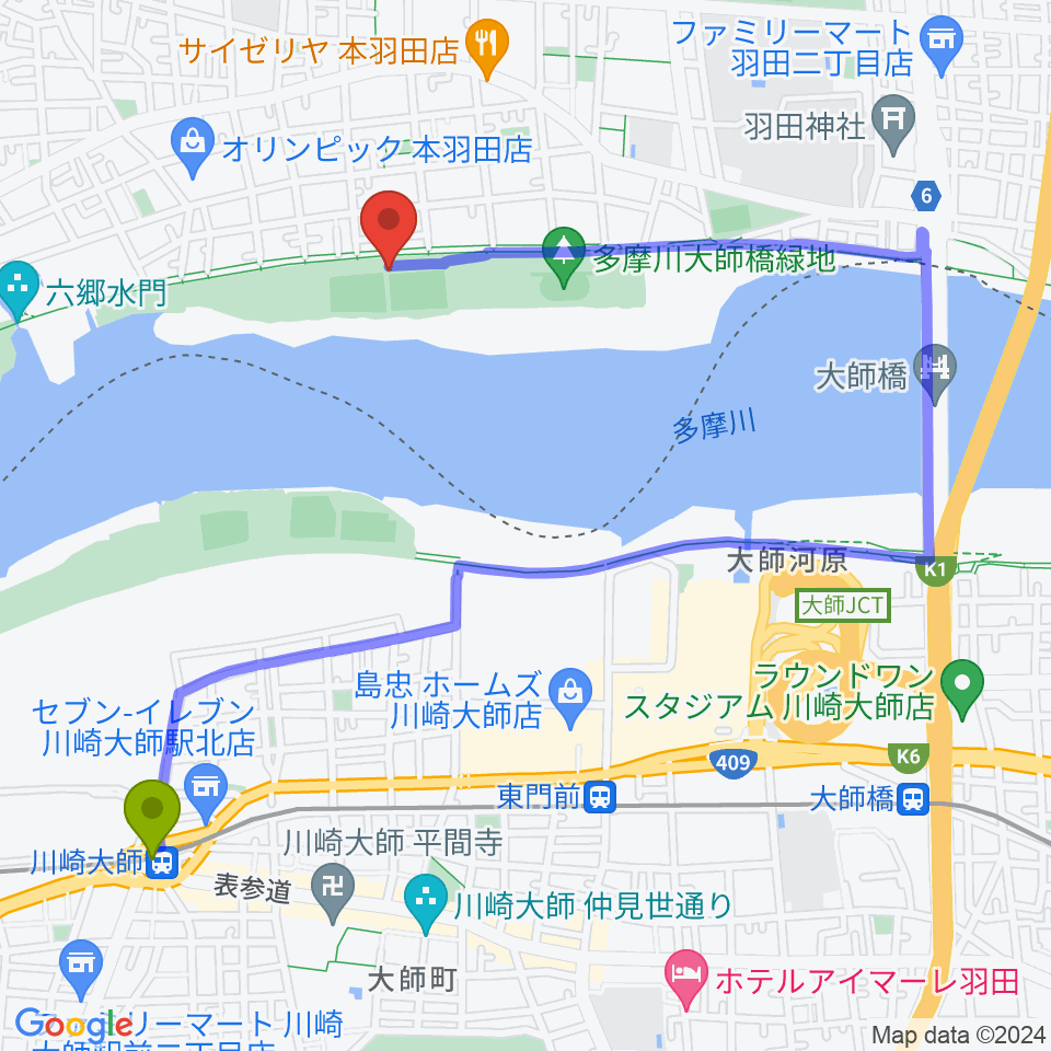 川崎大師駅から多摩川大師橋緑地野球場へのルートマップ地図