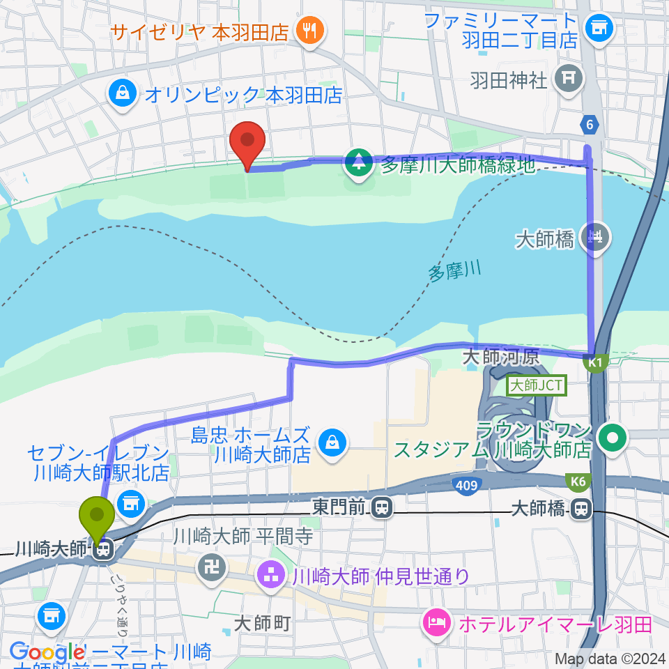 川崎大師駅から多摩川大師橋緑地野球場へのルートマップ地図