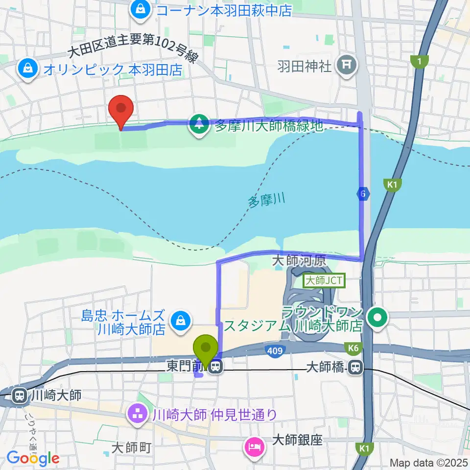 多摩川大師橋緑地野球場の最寄駅東門前駅からの徒歩ルート（約17分）地図