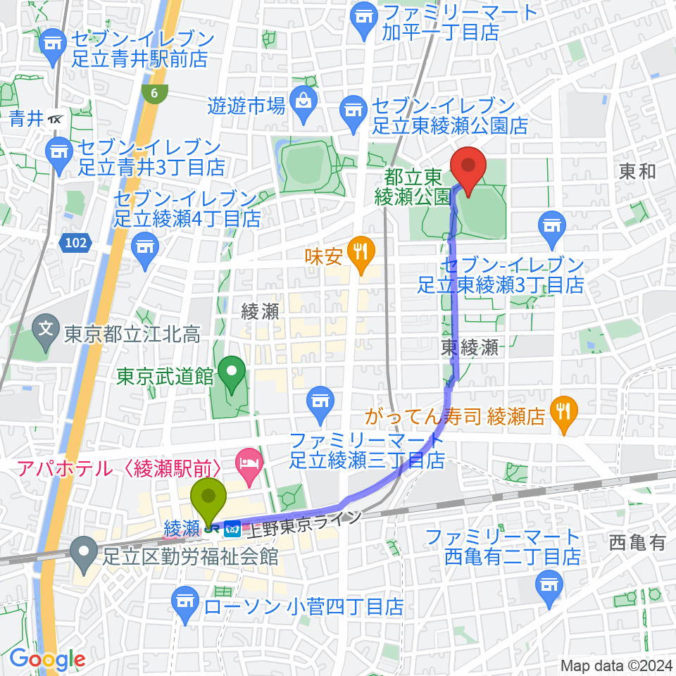 綾瀬駅から東綾瀬公園野球場へのルートマップ地図