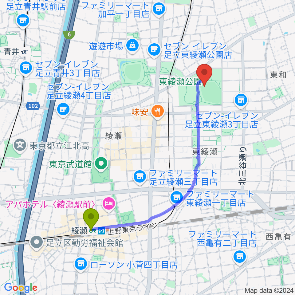 綾瀬駅から東綾瀬公園野球場へのルートマップ地図