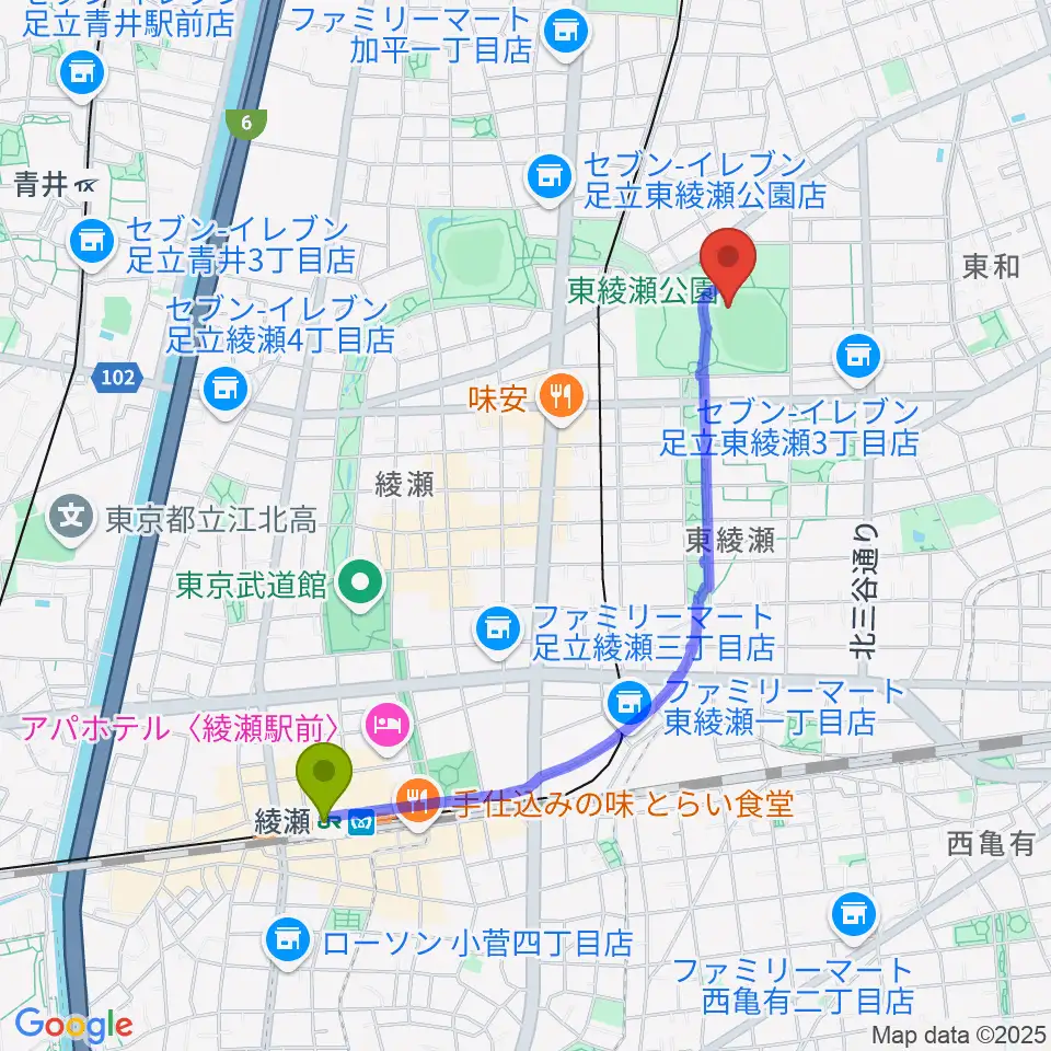 綾瀬駅から東綾瀬公園野球場へのルートマップ地図